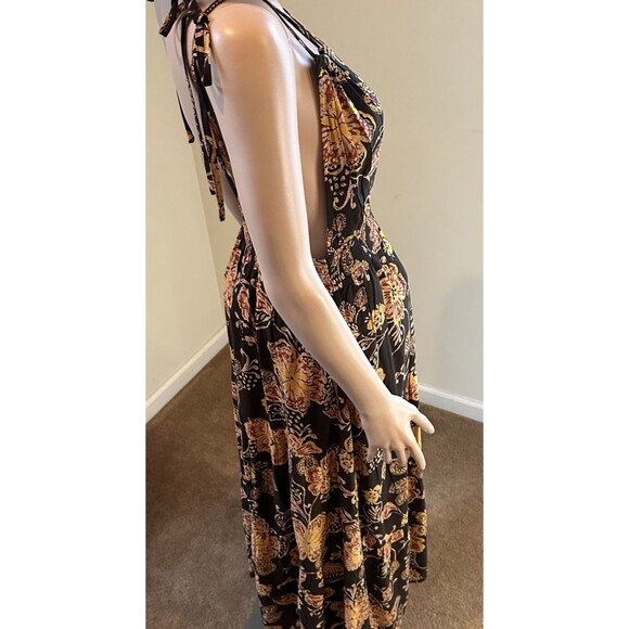 Patrons of Peace Maxi Dress M Brown Floral Boho Tie-Strap Plunge V-Neck Backless - Picture 3 of 14